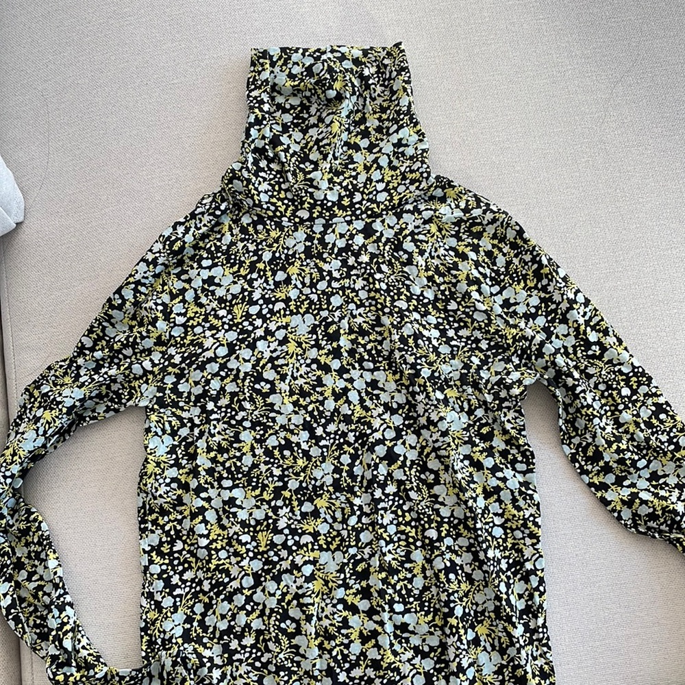 J. Crew Black Floral Turtleneck Top with Yellow and Light Blue Flowers